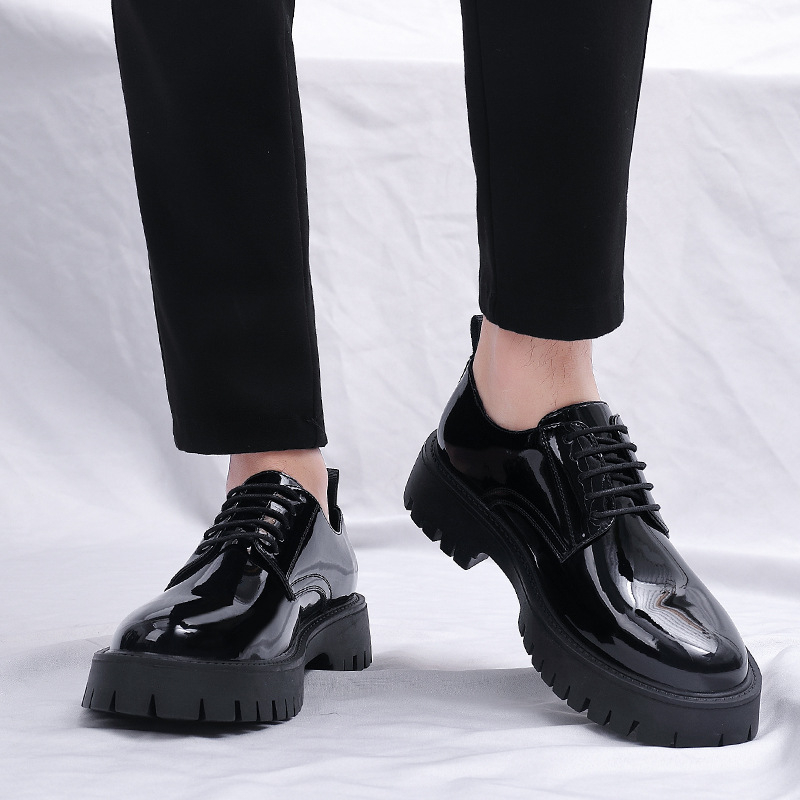 Men Formal Wear All Black - รองเท้าหนังแก้วสีดำแบบผูกเชือก สไตล์อ็อกซ์ฟอร์ด พื้นหนา เหมาะสำหรับงานทางการ ธุรกิจ งานแต่งงาน