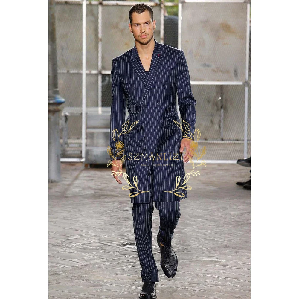 Men Formal Wear Modern - ชุดสูทผู้ชายแบบเป็นทางการ 2 ชิ้น สีน้ำเงินกรมท่า ลายทาง เสื้อสูทยาว
